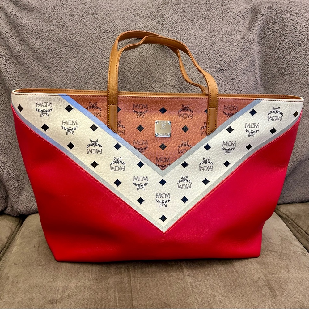 * SALE * Authentic MCM white, red & tan tote, excellent condition
